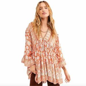 Free People Orange Boho Printed Flowy Tunic Top